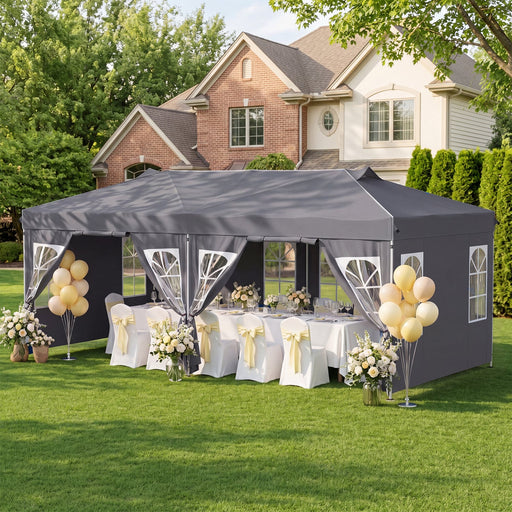 Costway - 10 x 20 FT Pop Up Canopy Tent with 6 Sidewalls and Adjustable Height-Gray