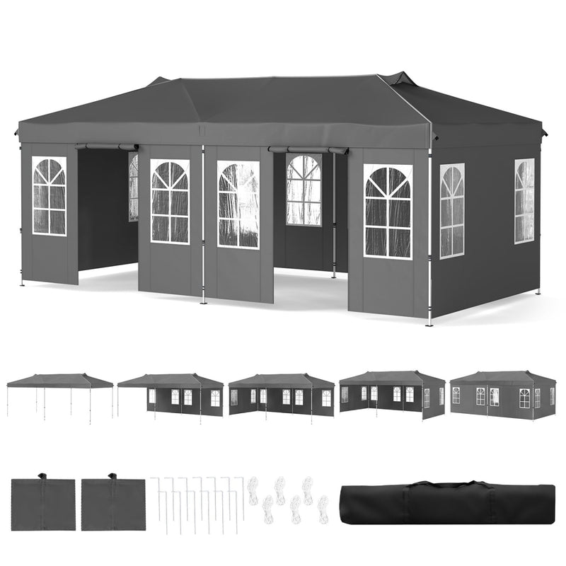 Costway - 10 x 20 FT Pop Up Canopy Tent with 6 Sidewalls and Adjustable Height-Gray