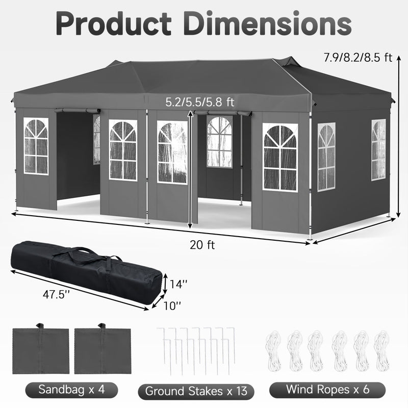 Costway - 10 x 20 FT Pop Up Canopy Tent with 6 Sidewalls and Adjustable Height-Gray