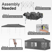 Costway - 10 x 20 FT Pop Up Canopy Tent with 6 Sidewalls and Adjustable Height-Gray
