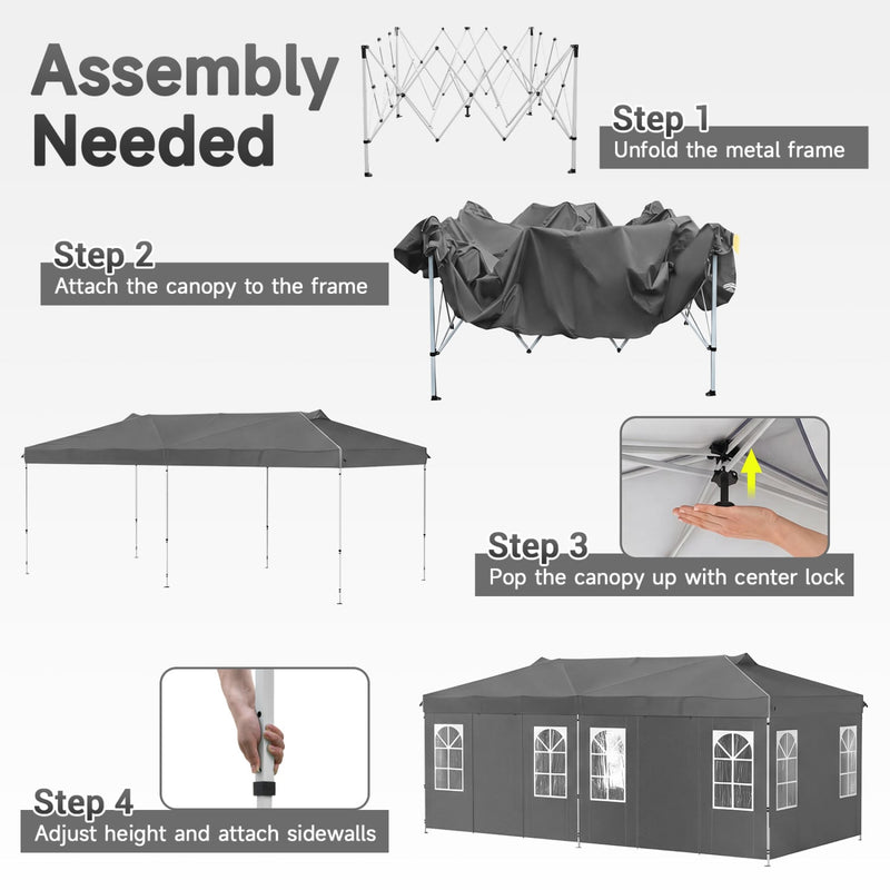 Costway - 10 x 20 FT Pop Up Canopy Tent with 6 Sidewalls and Adjustable Height-Gray