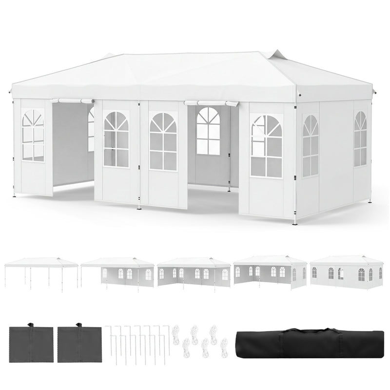 Costway - 10 x 20 FT Pop Up Canopy Tent with 6 Sidewalls and Adjustable Height-White