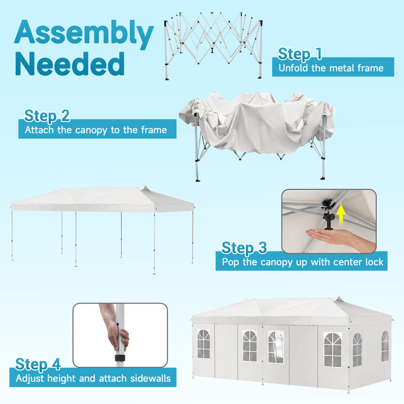 Costway - 10 x 20 FT Pop Up Canopy Tent with 6 Sidewalls and Adjustable Height-White