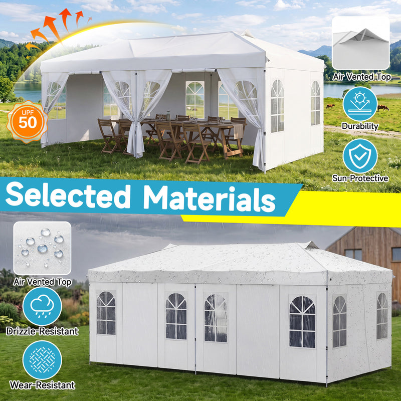 Costway - 10 x 20 FT Pop Up Canopy Tent with 6 Sidewalls and Adjustable Height-White