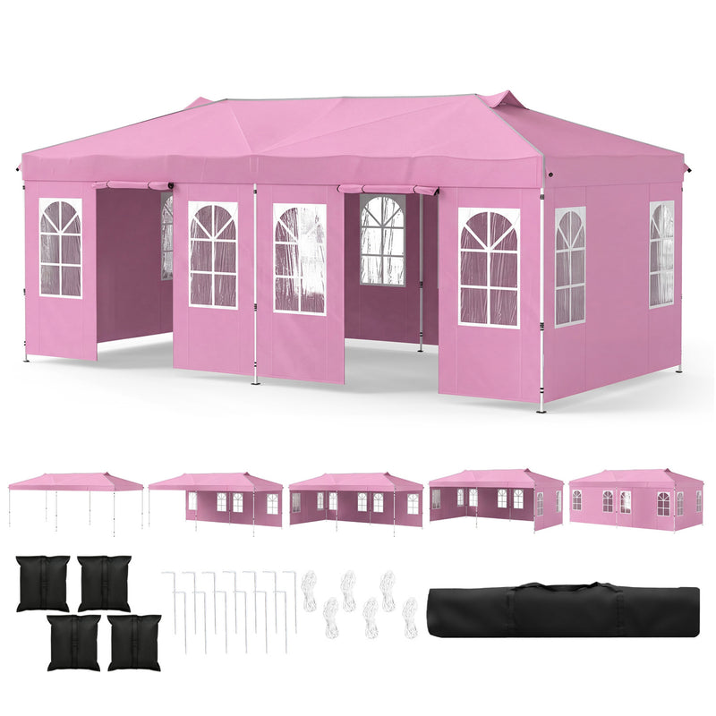 Costway - 10 x 20 FT Pop Up Canopy Tent with 6 Sidewalls and Adjustable Height-Pink