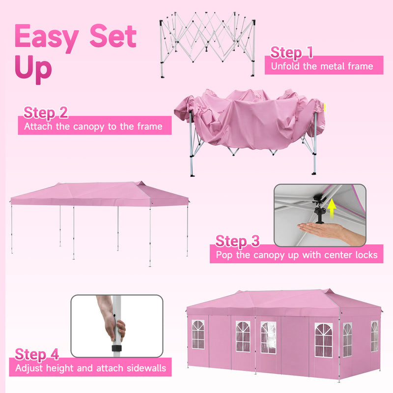 Costway - 10 x 20 FT Pop Up Canopy Tent with 6 Sidewalls and Adjustable Height-Pink