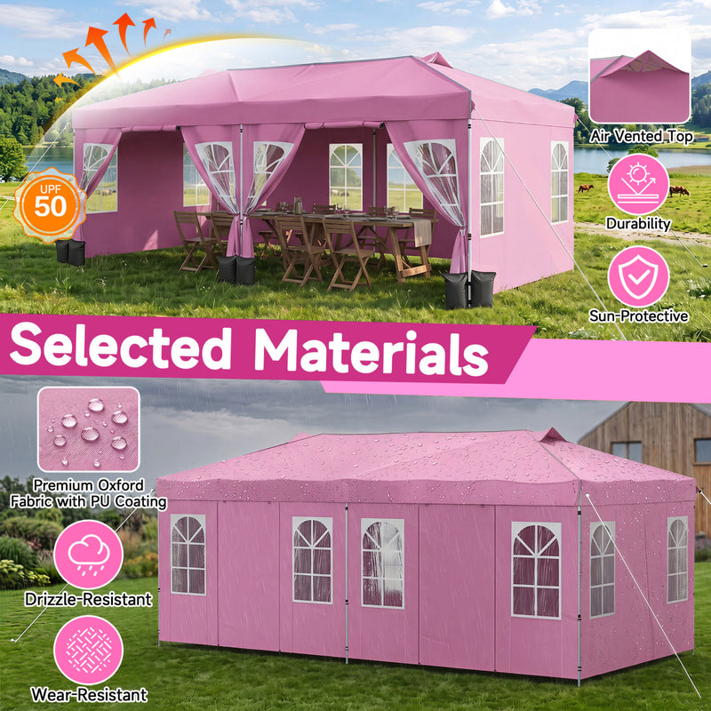 Costway - 10 x 20 FT Pop Up Canopy Tent with 6 Sidewalls and Adjustable Height-Pink