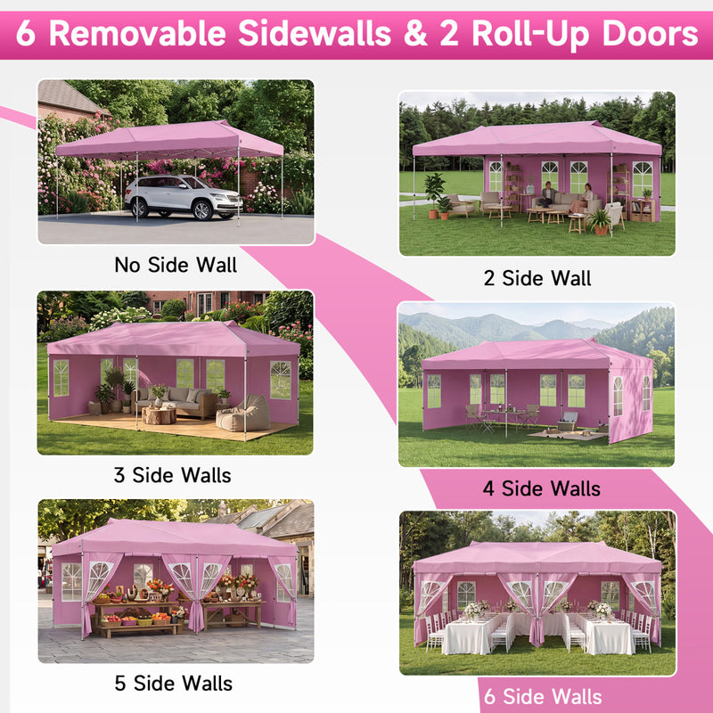 Costway - 10 x 20 FT Pop Up Canopy Tent with 6 Sidewalls and Adjustable Height-Pink