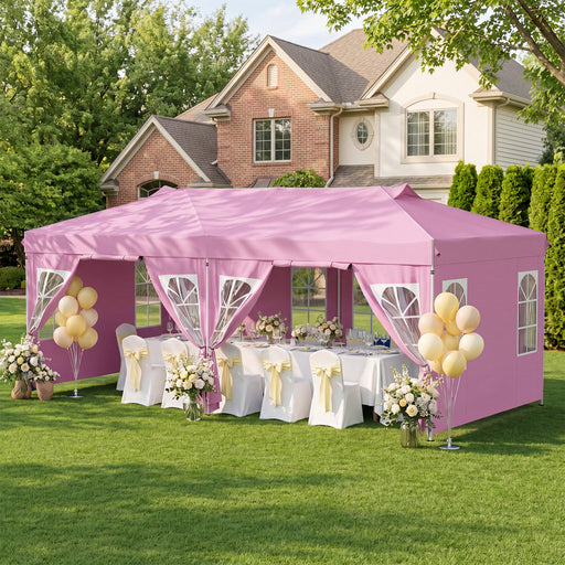 Costway - 10 x 20 FT Pop Up Canopy Tent with 6 Sidewalls and Adjustable Height-Pink