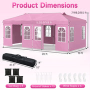 Costway - 10 x 20 FT Pop Up Canopy Tent with 6 Sidewalls and Adjustable Height-Pink