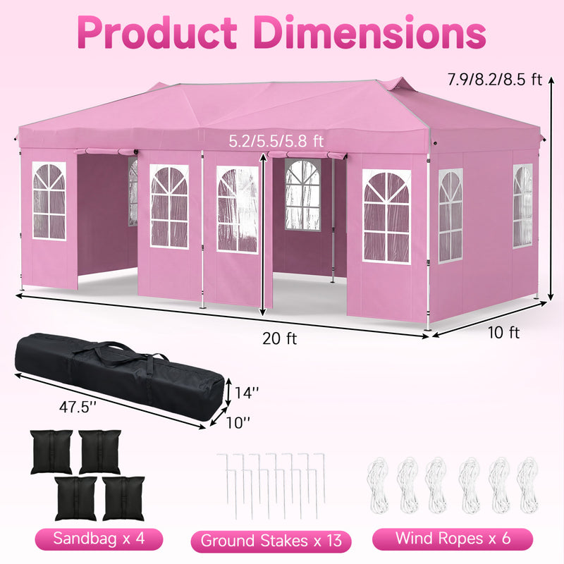 Costway - 10 x 20 FT Pop Up Canopy Tent with 6 Sidewalls and Adjustable Height-Pink