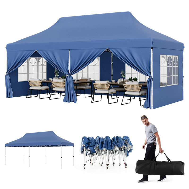 Costway - 10 x 20 FT Pop up Canopy with 6 Sidewalls and Windows and Carrying Bag for Party Wedding Picnic-Blue