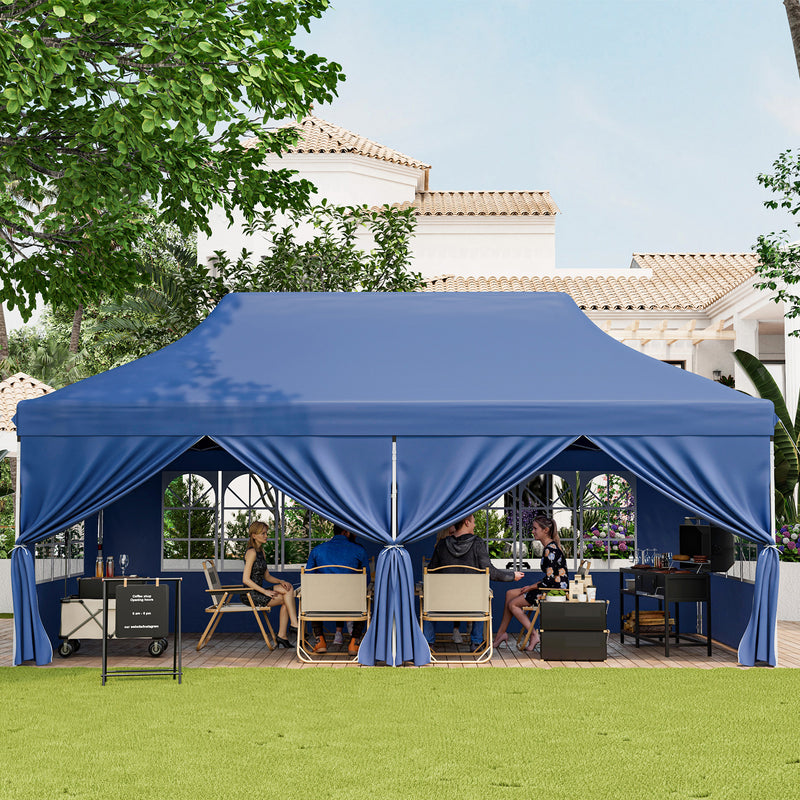Costway - 10 x 20 FT Pop up Canopy with 6 Sidewalls and Windows and Carrying Bag for Party Wedding Picnic-Blue