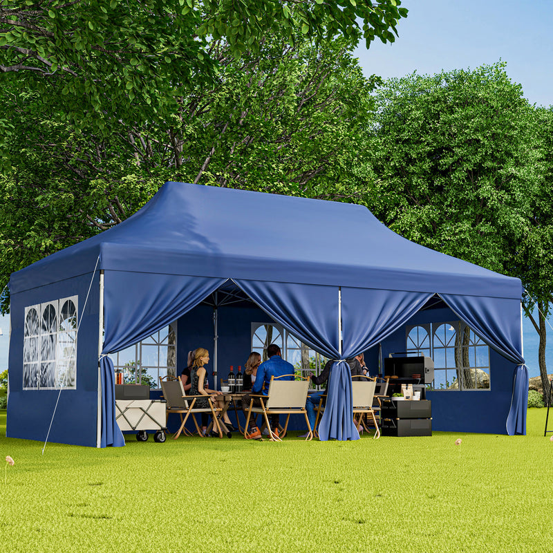 Costway - 10 x 20 FT Pop up Canopy with 6 Sidewalls and Windows and Carrying Bag for Party Wedding Picnic-Blue