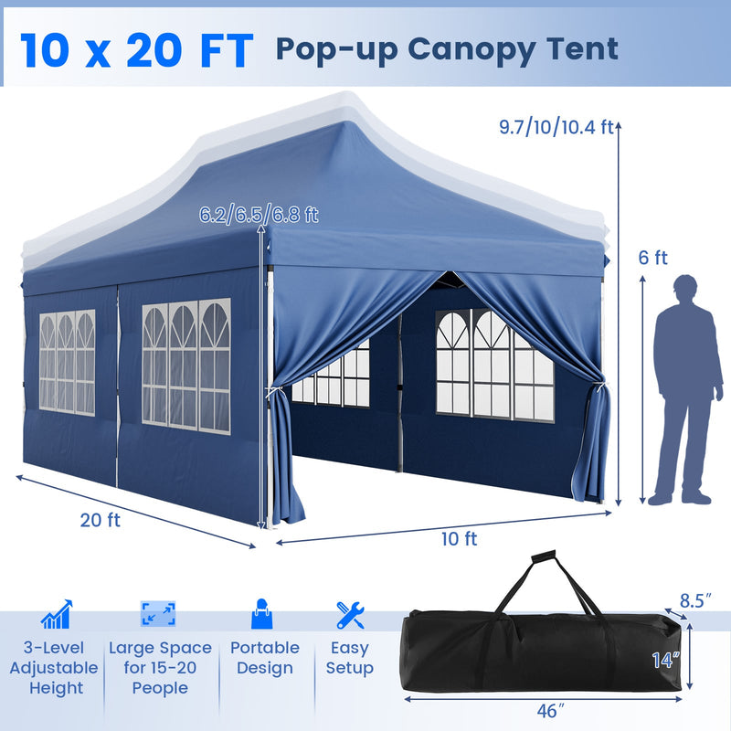 Costway - 10 x 20 FT Pop up Canopy with 6 Sidewalls and Windows and Carrying Bag for Party Wedding Picnic-Blue