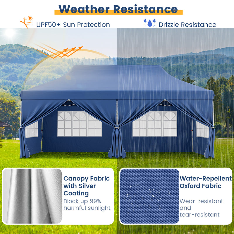 Costway - 10 x 20 FT Pop up Canopy with 6 Sidewalls and Windows and Carrying Bag for Party Wedding Picnic-Blue