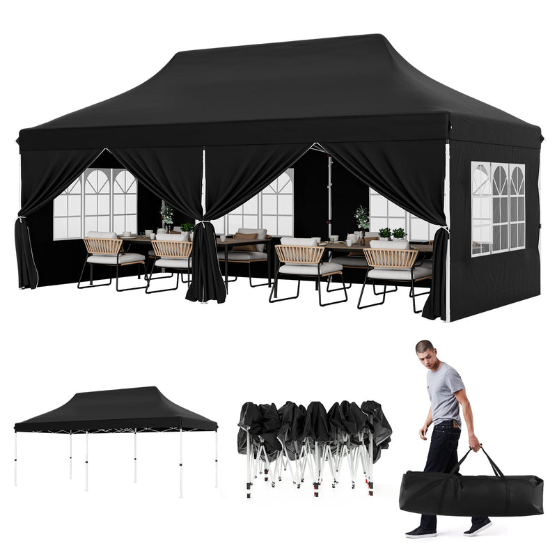 Costway - 10 x 20 FT Pop up Canopy with 6 Sidewalls and Windows and Carrying Bag for Party Wedding Picnic-Black