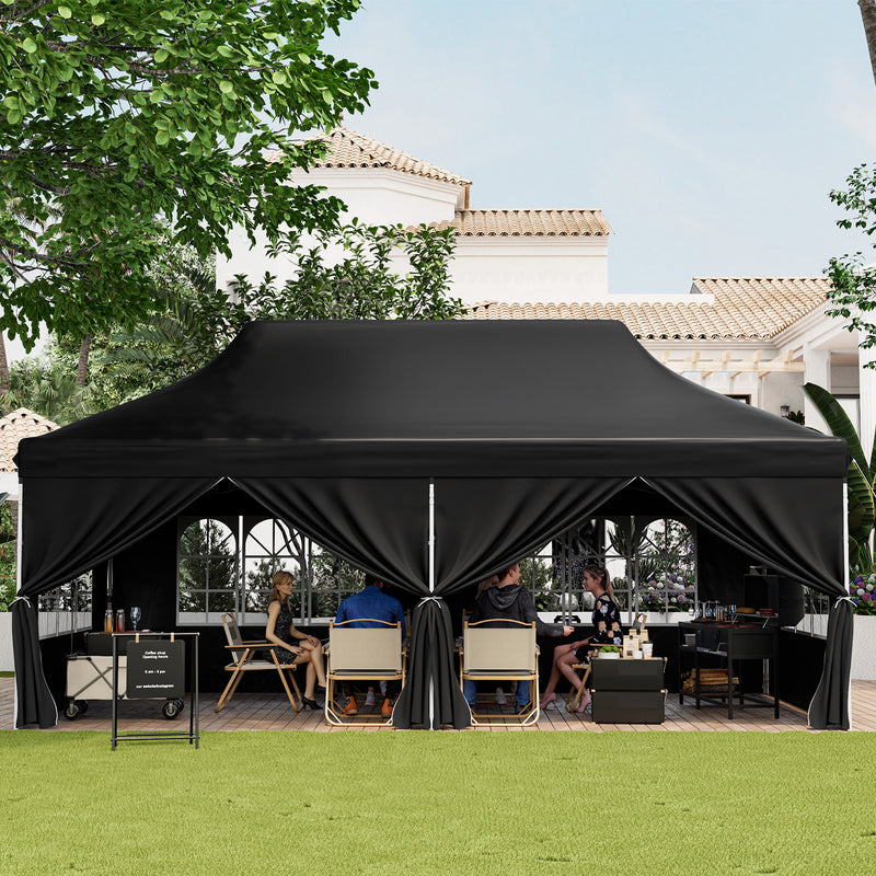 Costway - 10 x 20 FT Pop up Canopy with 6 Sidewalls and Windows and Carrying Bag for Party Wedding Picnic-Black