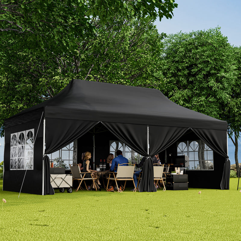Costway - 10 x 20 FT Pop up Canopy with 6 Sidewalls and Windows and Carrying Bag for Party Wedding Picnic-Black