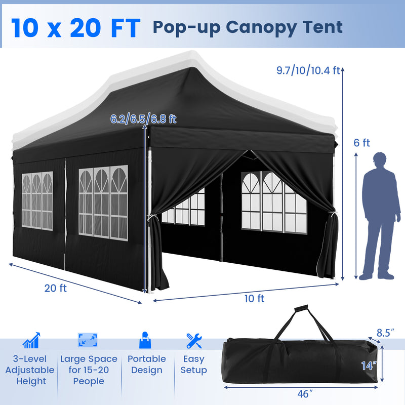 Costway - 10 x 20 FT Pop up Canopy with 6 Sidewalls and Windows and Carrying Bag for Party Wedding Picnic-Black