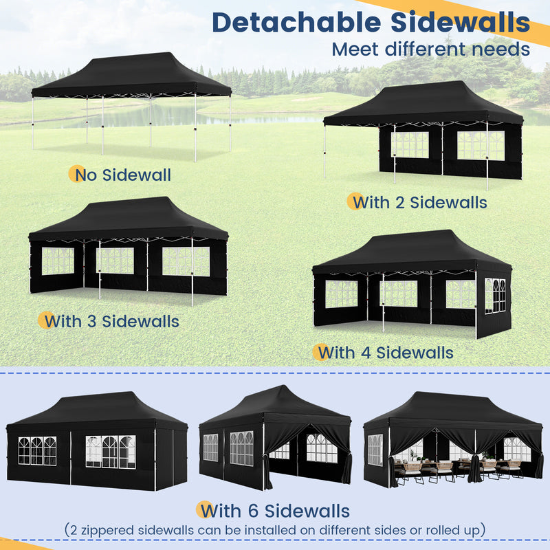 Costway - 10 x 20 FT Pop up Canopy with 6 Sidewalls and Windows and Carrying Bag for Party Wedding Picnic-Black