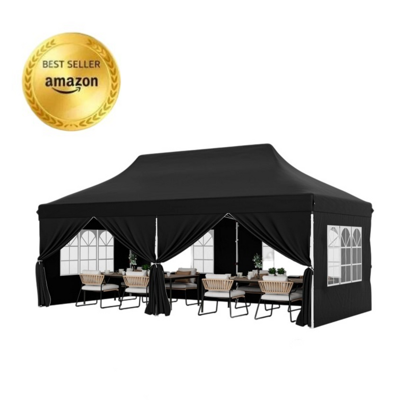 Costway - 10 x 20 FT Pop up Canopy with 6 Sidewalls and Windows and Carrying Bag for Party Wedding Picnic-Black