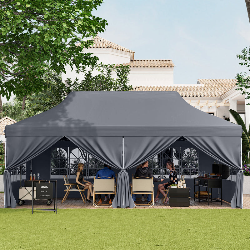 Costway - 10 x 20 FT Pop up Canopy with 6 Sidewalls and Windows and Carrying Bag for Party Wedding Picnic-Gray