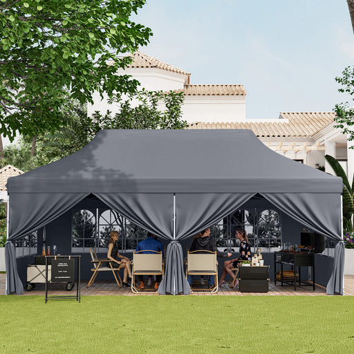 Costway - 10 x 20 FT Pop up Canopy with 6 Sidewalls and Windows and Carrying Bag for Party Wedding Picnic-Gray