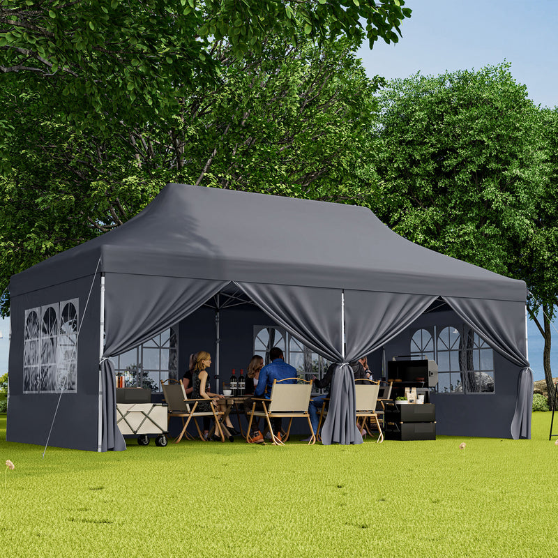 Costway - 10 x 20 FT Pop up Canopy with 6 Sidewalls and Windows and Carrying Bag for Party Wedding Picnic-Gray