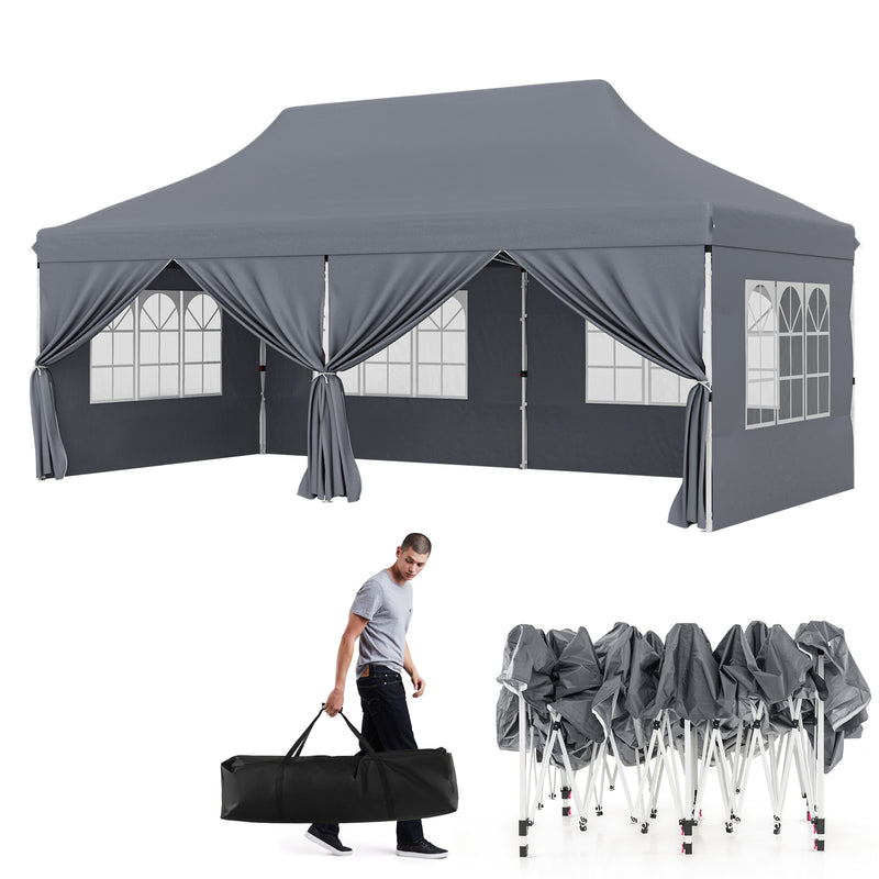 Costway - 10 x 20 FT Pop up Canopy with 6 Sidewalls and Windows and Carrying Bag for Party Wedding Picnic-Gray