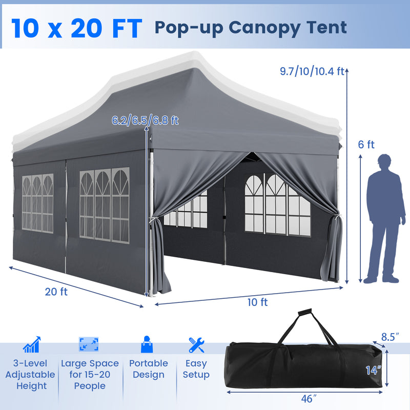 Costway - 10 x 20 FT Pop up Canopy with 6 Sidewalls and Windows and Carrying Bag for Party Wedding Picnic-Gray