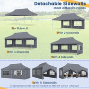 Costway - 10 x 20 FT Pop up Canopy with 6 Sidewalls and Windows and Carrying Bag for Party Wedding Picnic-Gray
