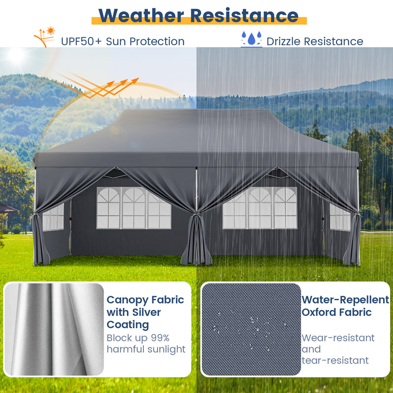 Costway - 10 x 20 FT Pop up Canopy with 6 Sidewalls and Windows and Carrying Bag for Party Wedding Picnic-Gray