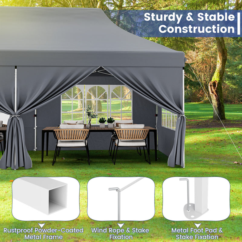 Costway - 10 x 20 FT Pop up Canopy with 6 Sidewalls and Windows and Carrying Bag for Party Wedding Picnic-Gray