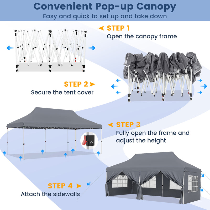 Costway - 10 x 20 FT Pop up Canopy with 6 Sidewalls and Windows and Carrying Bag for Party Wedding Picnic-Gray