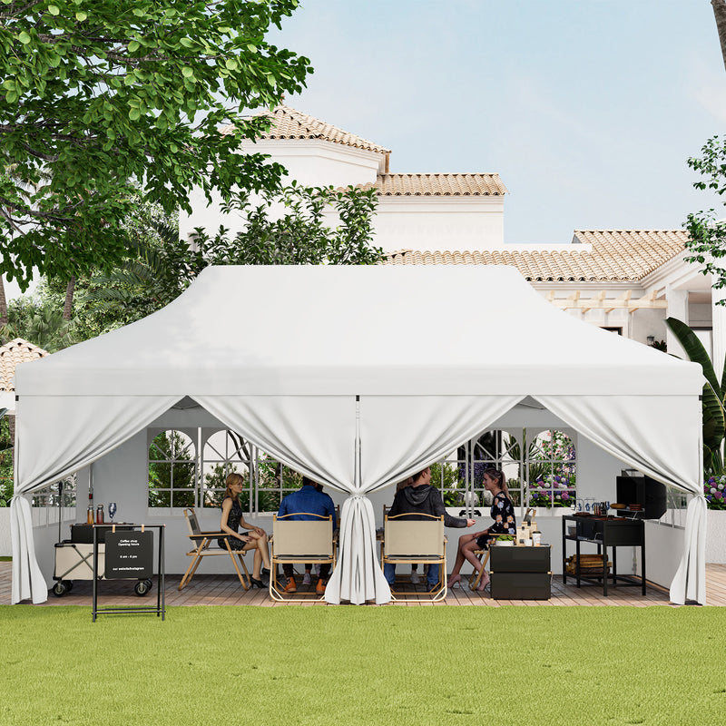 Costway - 10 x 20 FT Pop up Canopy with 6 Sidewalls and Windows and Carrying Bag for Party Wedding Picnic-White