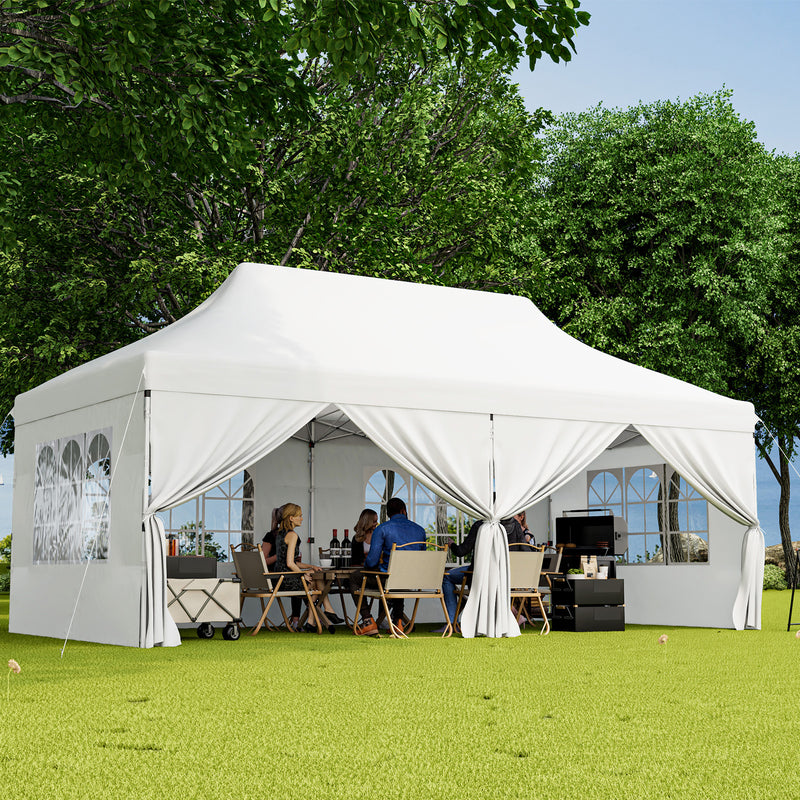 Costway - 10 x 20 FT Pop up Canopy with 6 Sidewalls and Windows and Carrying Bag for Party Wedding Picnic-White