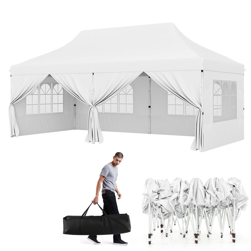 Costway - 10 x 20 FT Pop up Canopy with 6 Sidewalls and Windows and Carrying Bag for Party Wedding Picnic-White