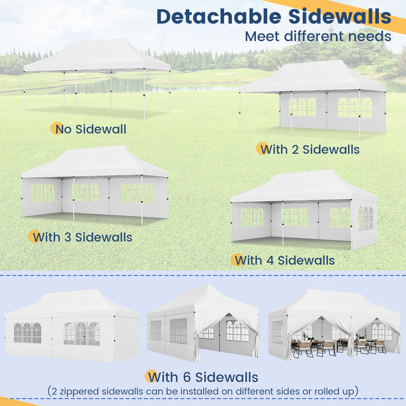 Costway - 10 x 20 FT Pop up Canopy with 6 Sidewalls and Windows and Carrying Bag for Party Wedding Picnic-White