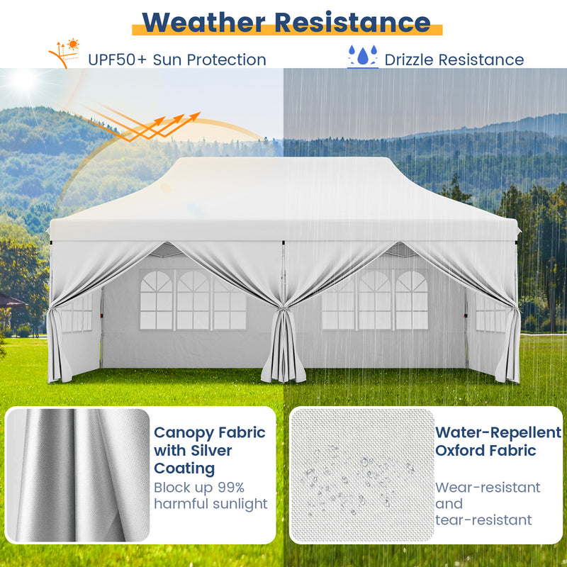 Costway - 10 x 20 FT Pop up Canopy with 6 Sidewalls and Windows and Carrying Bag for Party Wedding Picnic-White
