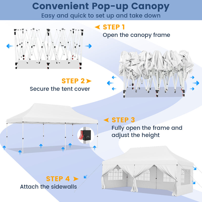 Costway - 10 x 20 FT Pop up Canopy with 6 Sidewalls and Windows and Carrying Bag for Party Wedding Picnic-White