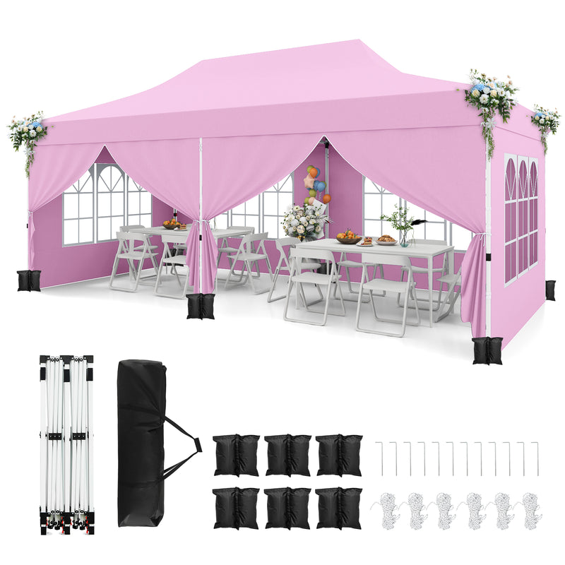 Costway - 10 x 20 Feet Pop up Canopy with 6 Sidewalls Windows and Carrying Bag-Pink