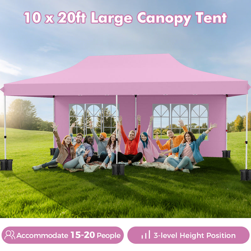 Costway - 10 x 20 Feet Pop up Canopy with 6 Sidewalls Windows and Carrying Bag-Pink