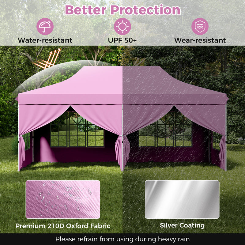 Costway - 10 x 20 Feet Pop up Canopy with 6 Sidewalls Windows and Carrying Bag-Pink