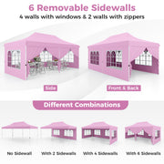 Costway - 10 x 20 Feet Pop up Canopy with 6 Sidewalls Windows and Carrying Bag-Pink