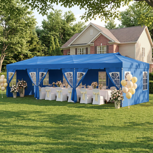 Costway - 10 x 30 FT Pop Up Canopy Tent with 8 Sidewalls and Adjustable Height-Blue