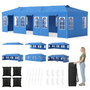 Costway - 10 x 30 FT Pop Up Canopy Tent with 8 Sidewalls and Adjustable Height-Blue