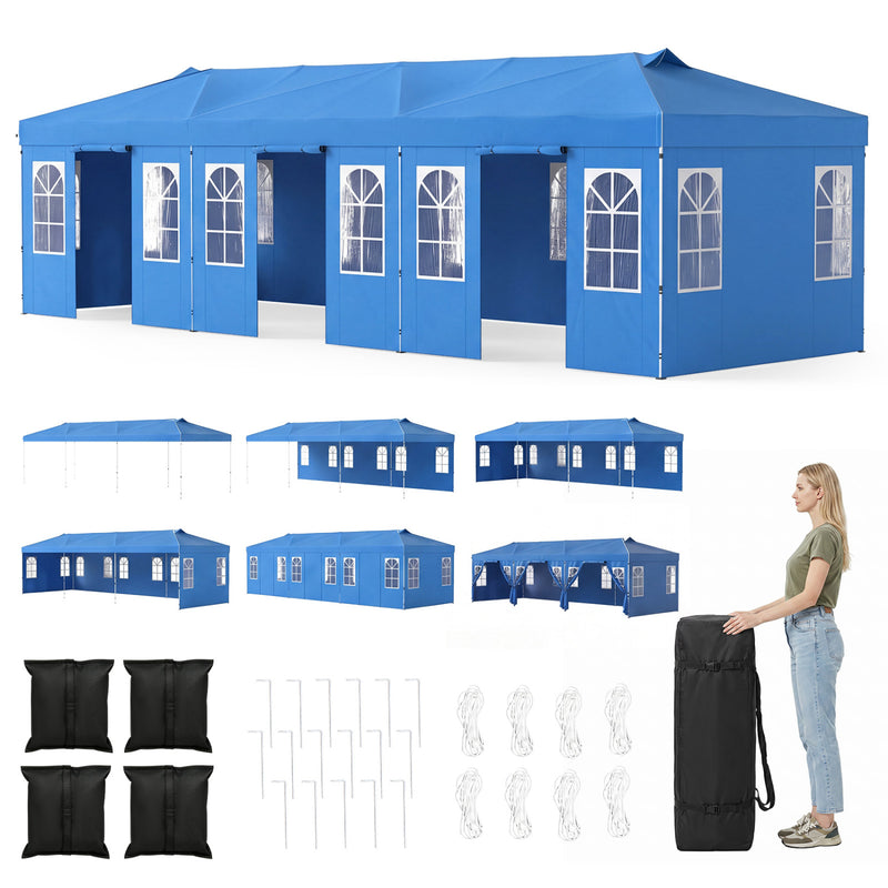 Costway - 10 x 30 FT Pop Up Canopy Tent with 8 Sidewalls and Adjustable Height-Blue