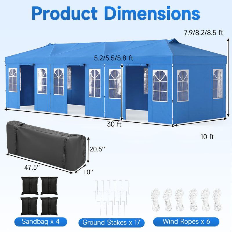 Costway - 10 x 30 FT Pop Up Canopy Tent with 8 Sidewalls and Adjustable Height-Blue