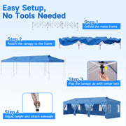 Costway - 10 x 30 FT Pop Up Canopy Tent with 8 Sidewalls and Adjustable Height-Blue